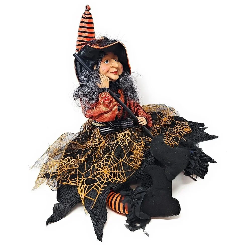 24" Halloween Witch with Spiderweb Skirt and Black Broom, Party Decor Wreath - Picture 7 of 7
